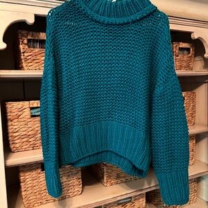Free People Blue Chunky Knit Turtleneck Sweater